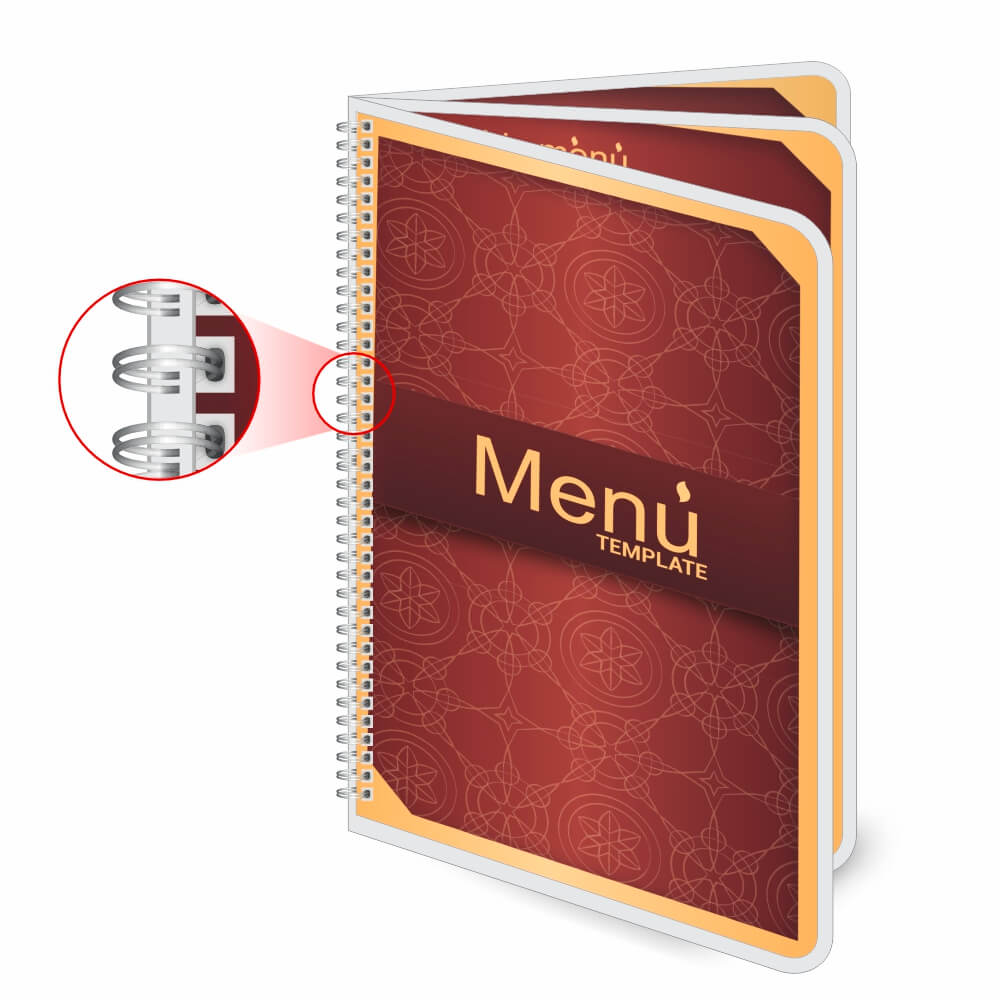 Cardápios Personalizados Wire O 6 Páginas Plastificação Rígida 0,10mm (150x210mm)