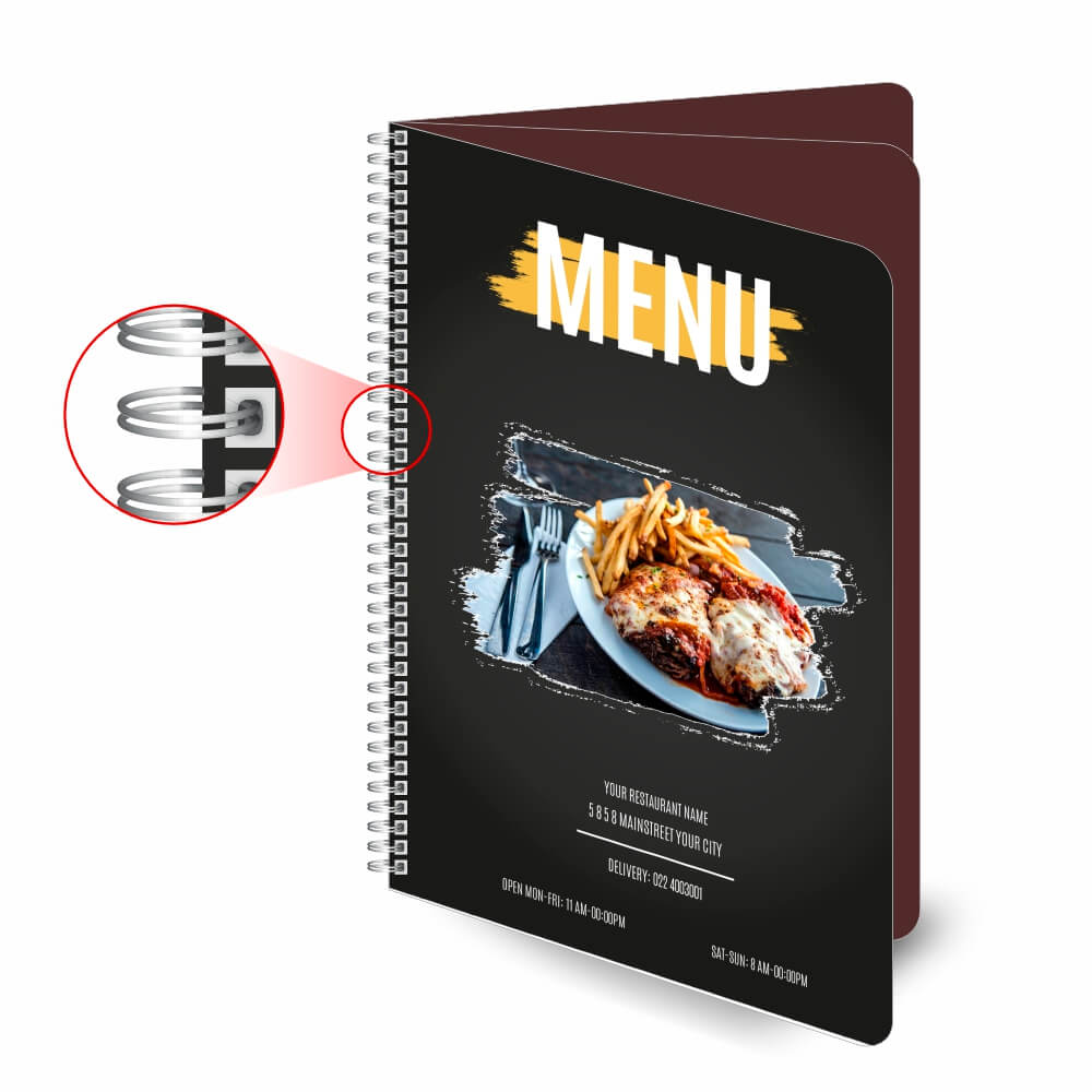 Cardápios Personalizados Wire O 6 Páginas Couchê 300g (150x210mm)