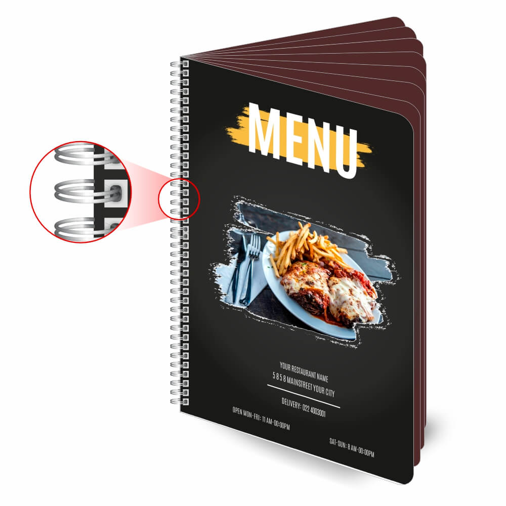 Cardápios Personalizados Wire O 16 Páginas Couchê 300g (150x210mm)