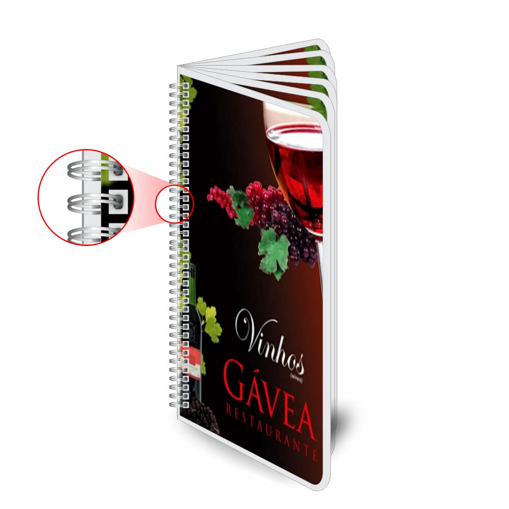 Cardápios Personalizados Wire O 12 Páginas Plastificação Rígida 0,10mm (105x300mm)
