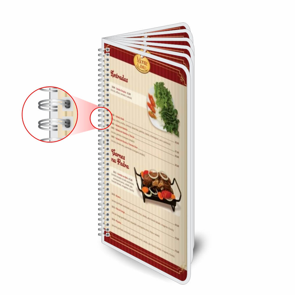 Cardápios Personalizados Wire O 12 Páginas Plastificação Rígida 0,10mm (105x300mm)