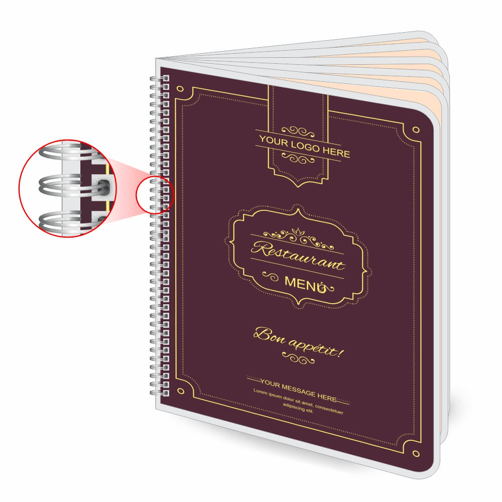 Cardápios Personalizados Wire O 12 Páginas Plastificação Rígida 0,10mm (210x300mm)