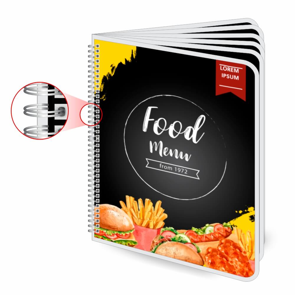 Cardápios Personalizados Wire O 12 Páginas Plastificação Rígida 0,10mm (210x300mm)