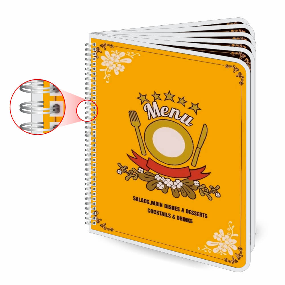 Cardápios Personalizados Wire O 12 Páginas Plastificação Rígida 0,10mm (210x300mm)