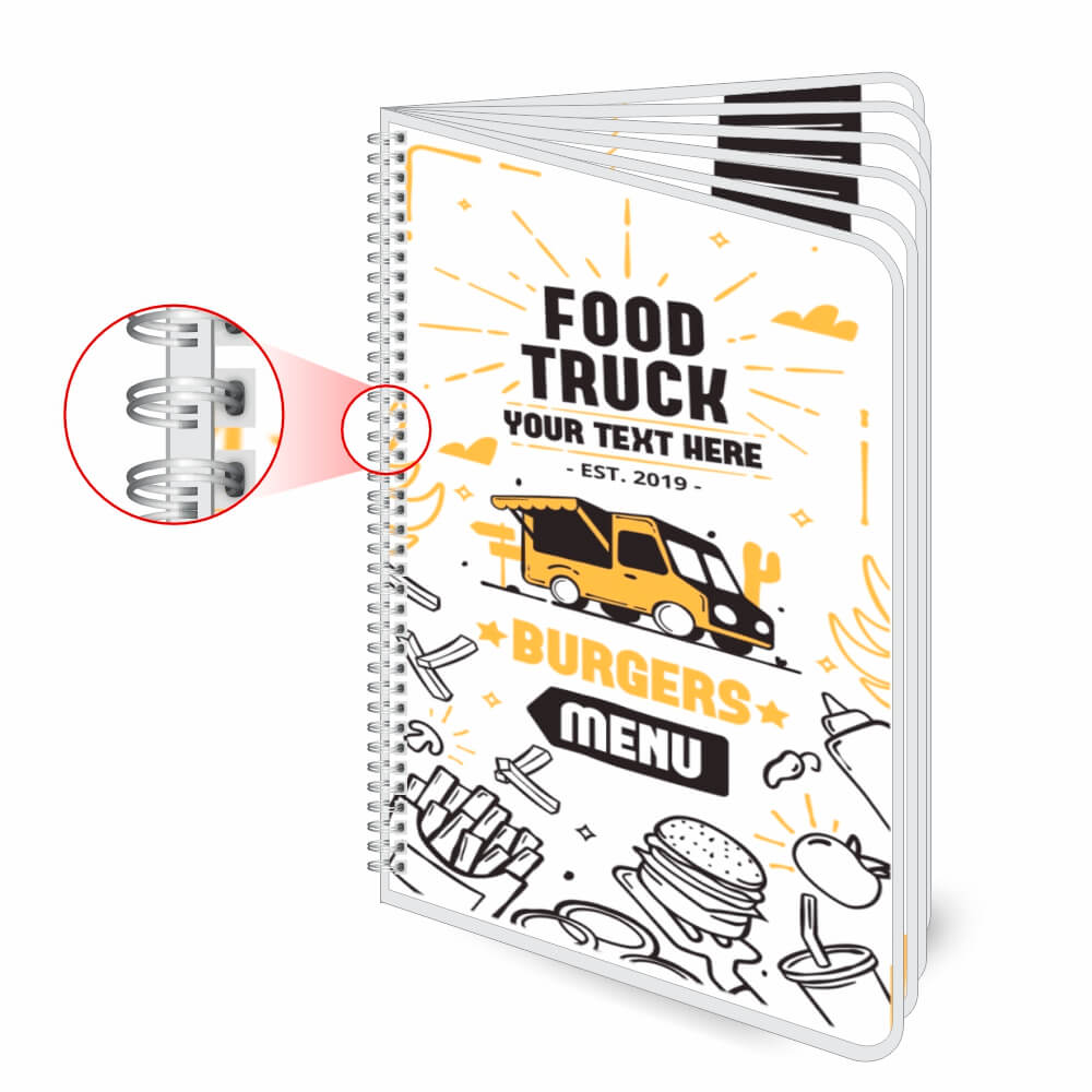 Cardápios Personalizados Wire O 12 Páginas Plastificação Rígida 0,10mm (150x210mm)