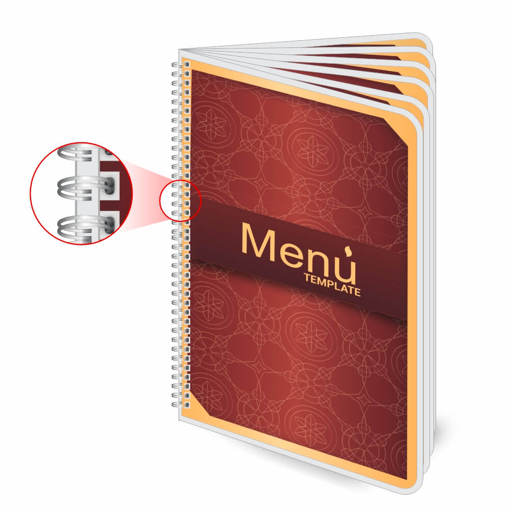Cardápios Personalizados Wire O 12 Páginas Plastificação Rígida 0,10mm (150x210mm)