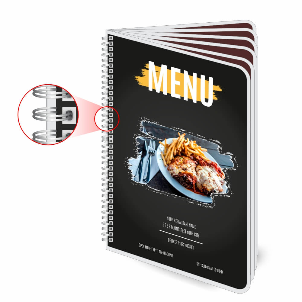 Cardápios Personalizados Wire O 12 Páginas Plastificação Rígida 0,10mm (150x210mm)