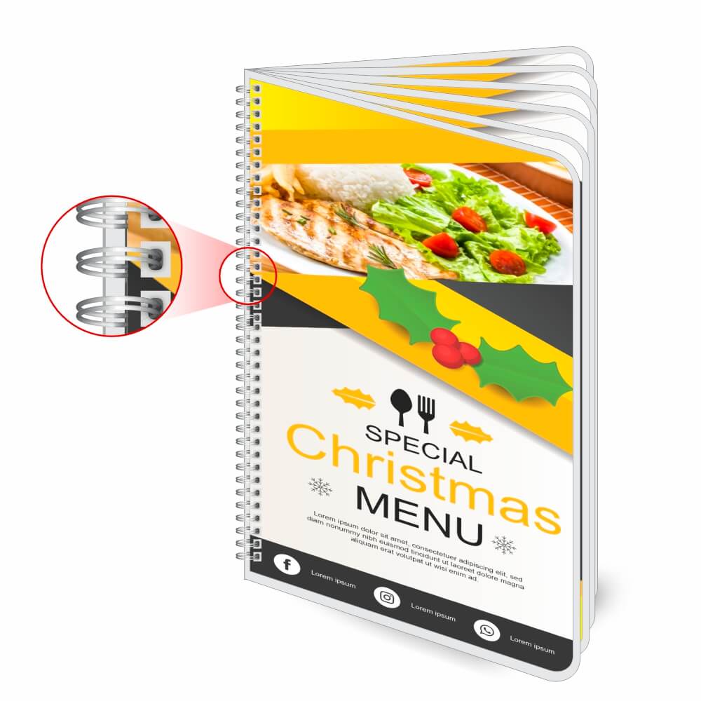 Cardápios Personalizados Wire O 12 Páginas Plastificação Rígida 0,10mm (150x210mm)