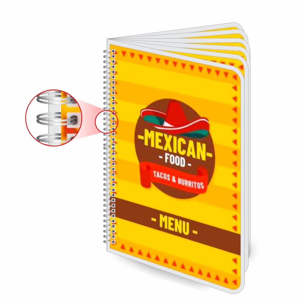 Cardápios Personalizados Wire O 12 Páginas Plastificação Rígida 0,10mm (300x420mm)