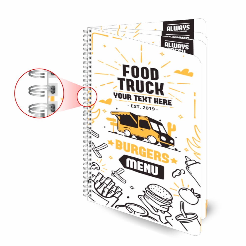 Cardápios Personalizados Wire O 8 Páginas Couchê 300g (150x210mm)