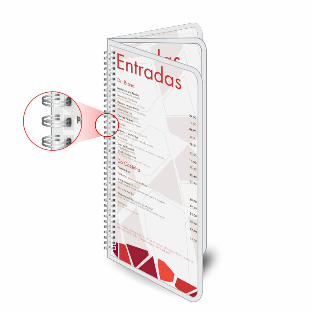 Cardápios Personalizados Wire O 6 Páginas Plastificação Rígida 0,10mm (105x300mm)