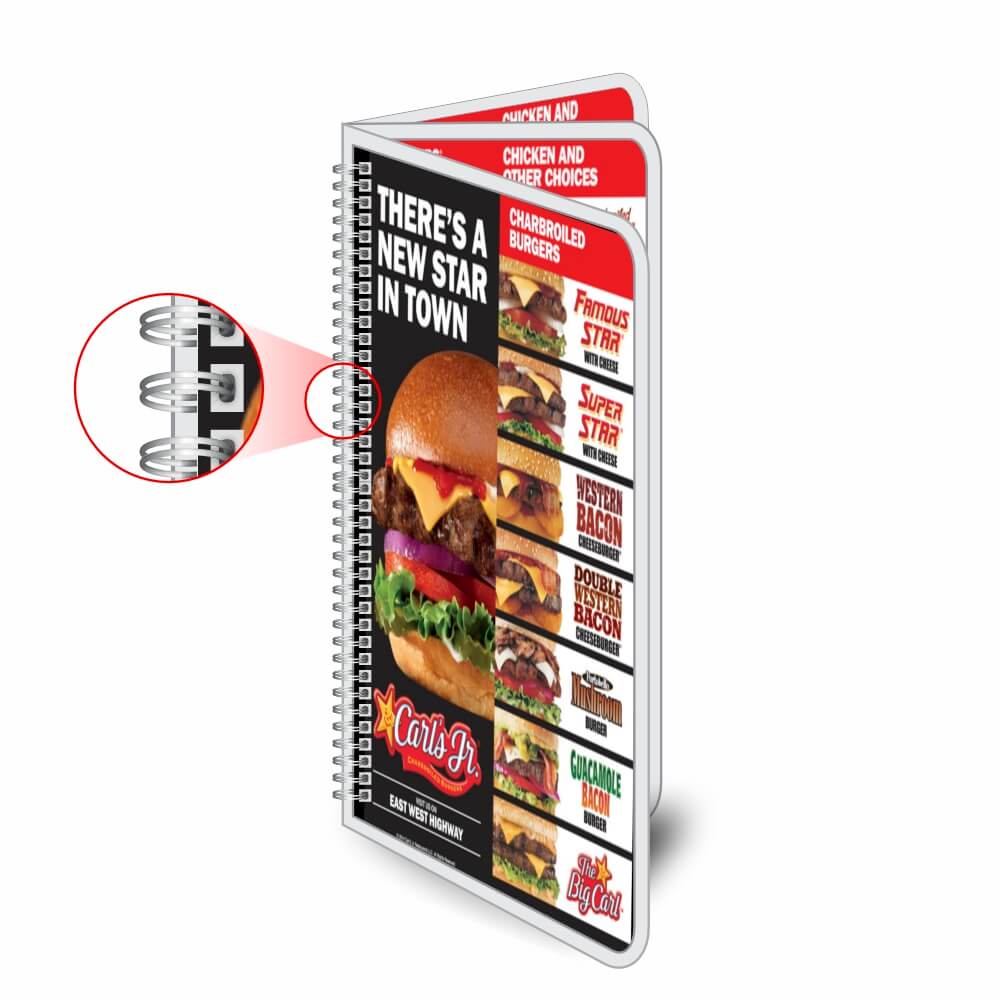 Cardápios Personalizados Wire O 6 Páginas Plastificação Rígida 0,10mm (105x300mm)