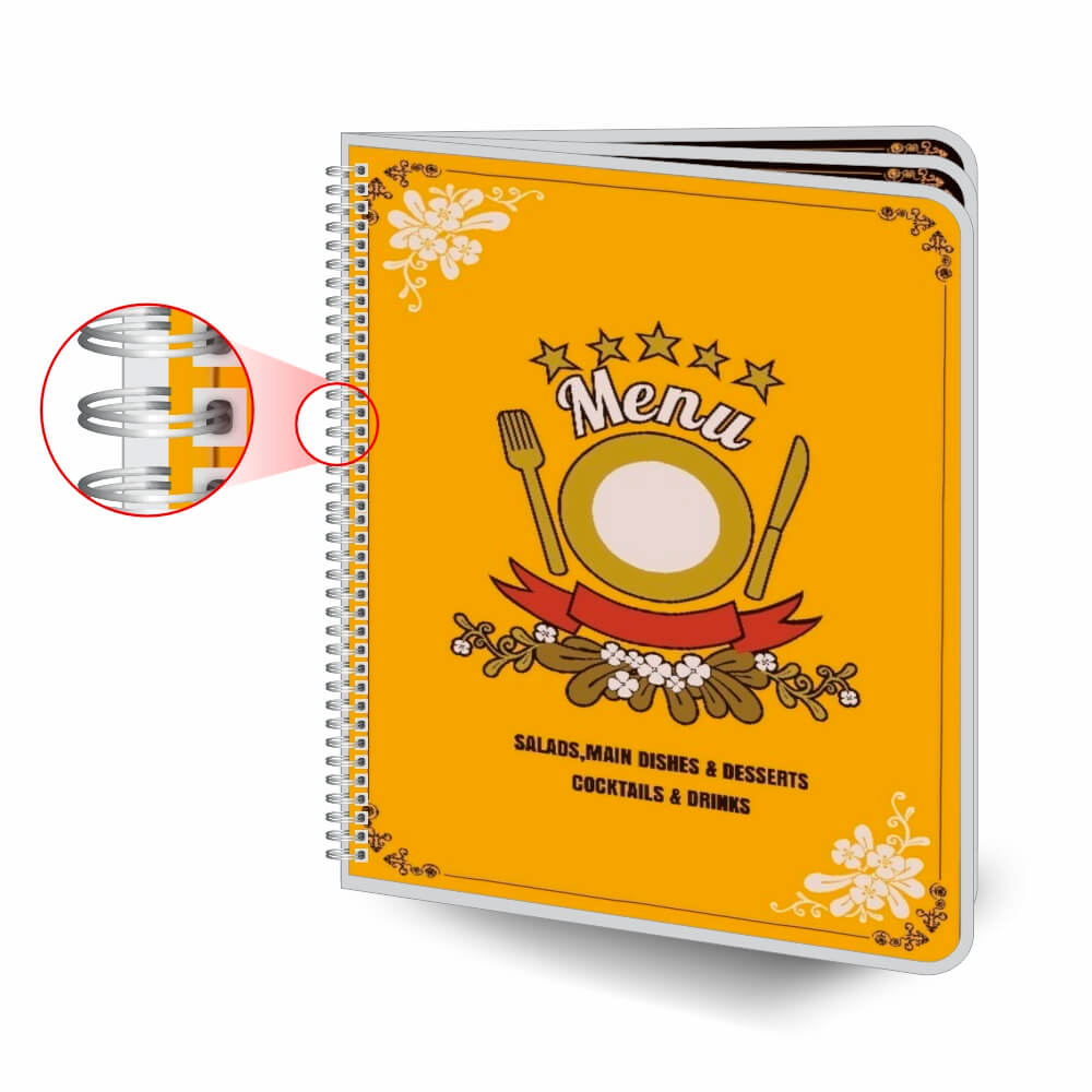 Cardápios Personalizados Wire O 6 Páginas Plastificação Rígida 0,10mm (210x300mm)