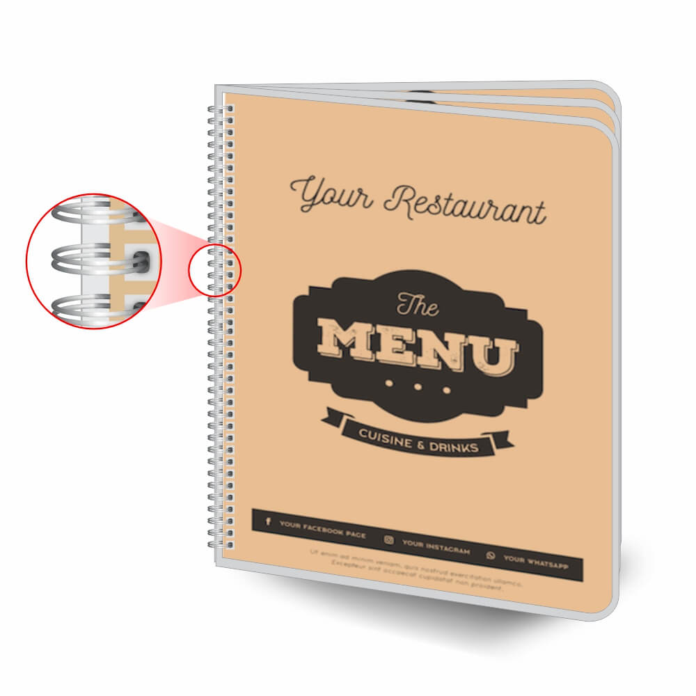 Cardápios Personalizados Wire O 6 Páginas Plastificação Rígida 0,10mm (210x300mm)