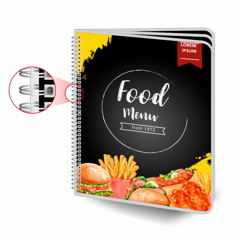 Cardápios Personalizados Wire O 6 Páginas Plastificação Rígida 0,10mm (210x300mm)