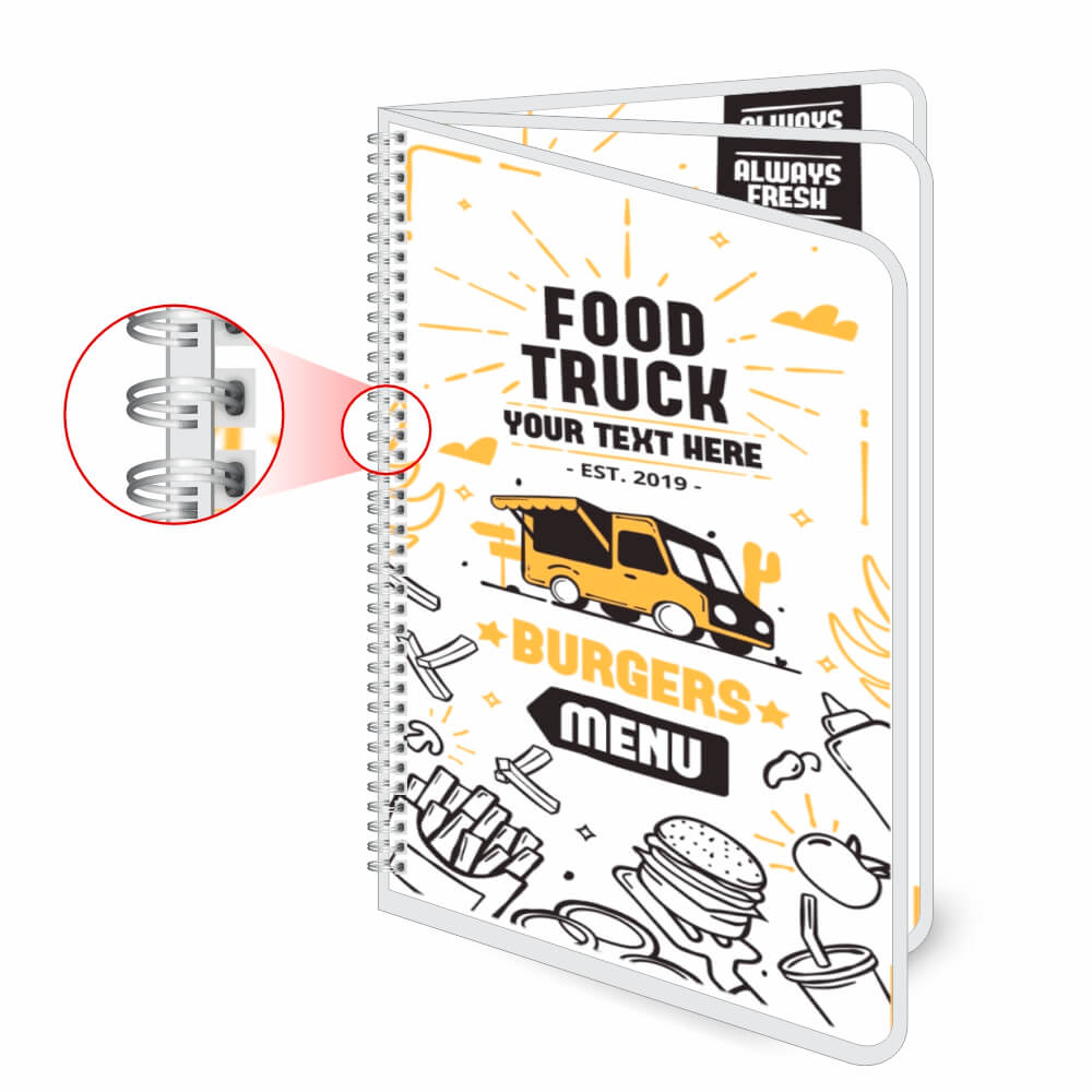 Cardápios Personalizados Wire O 6 Páginas Plastificação Rígida 0,10mm (150x210mm)