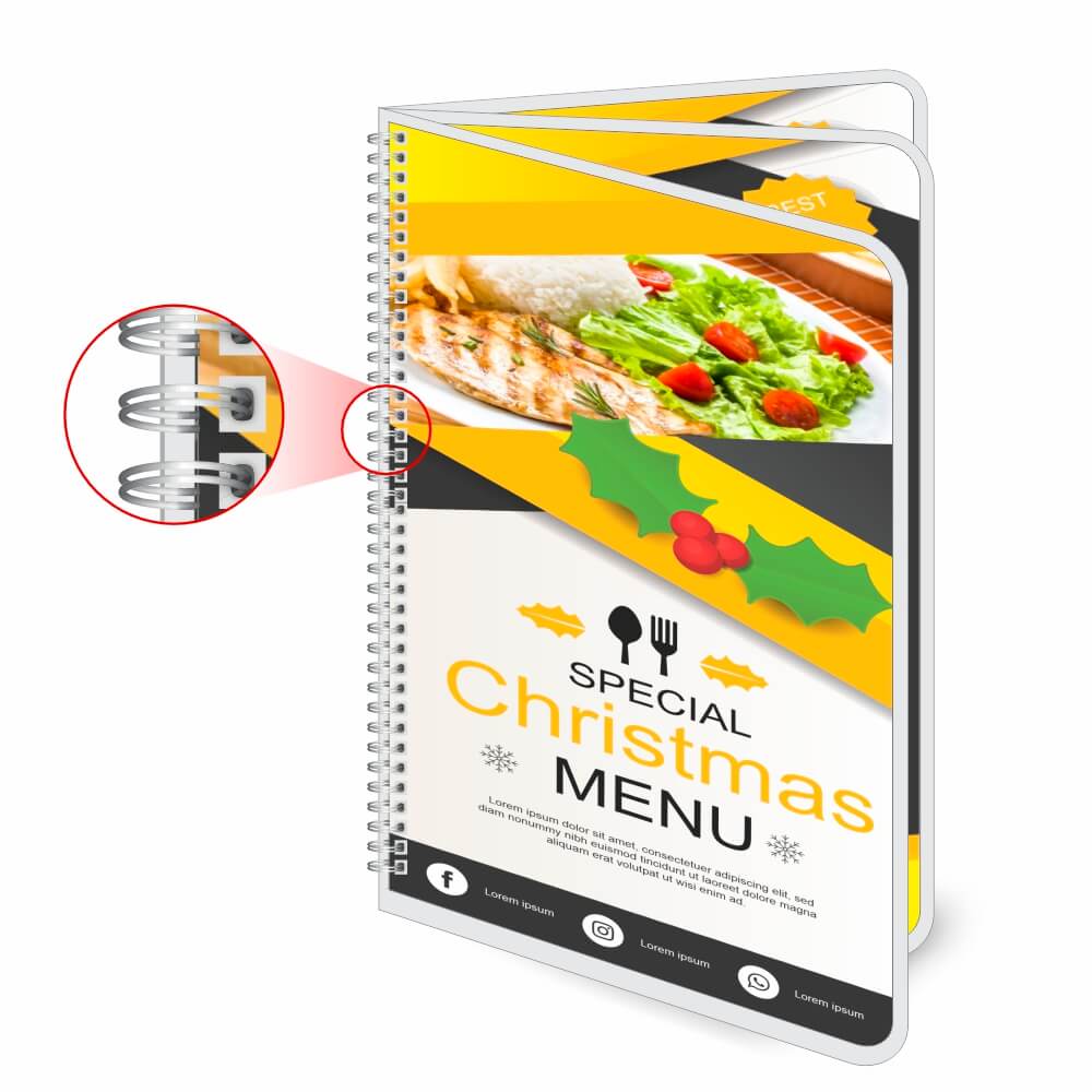 Cardápios Personalizados Wire O 6 Páginas Plastificação Rígida 0,10mm (150x210mm)