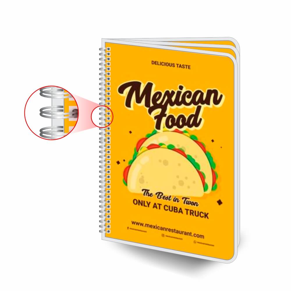 Cardápios Personalizados Wire O 6 Páginas Plastificação Rígida 0,10mm (300x420mm)