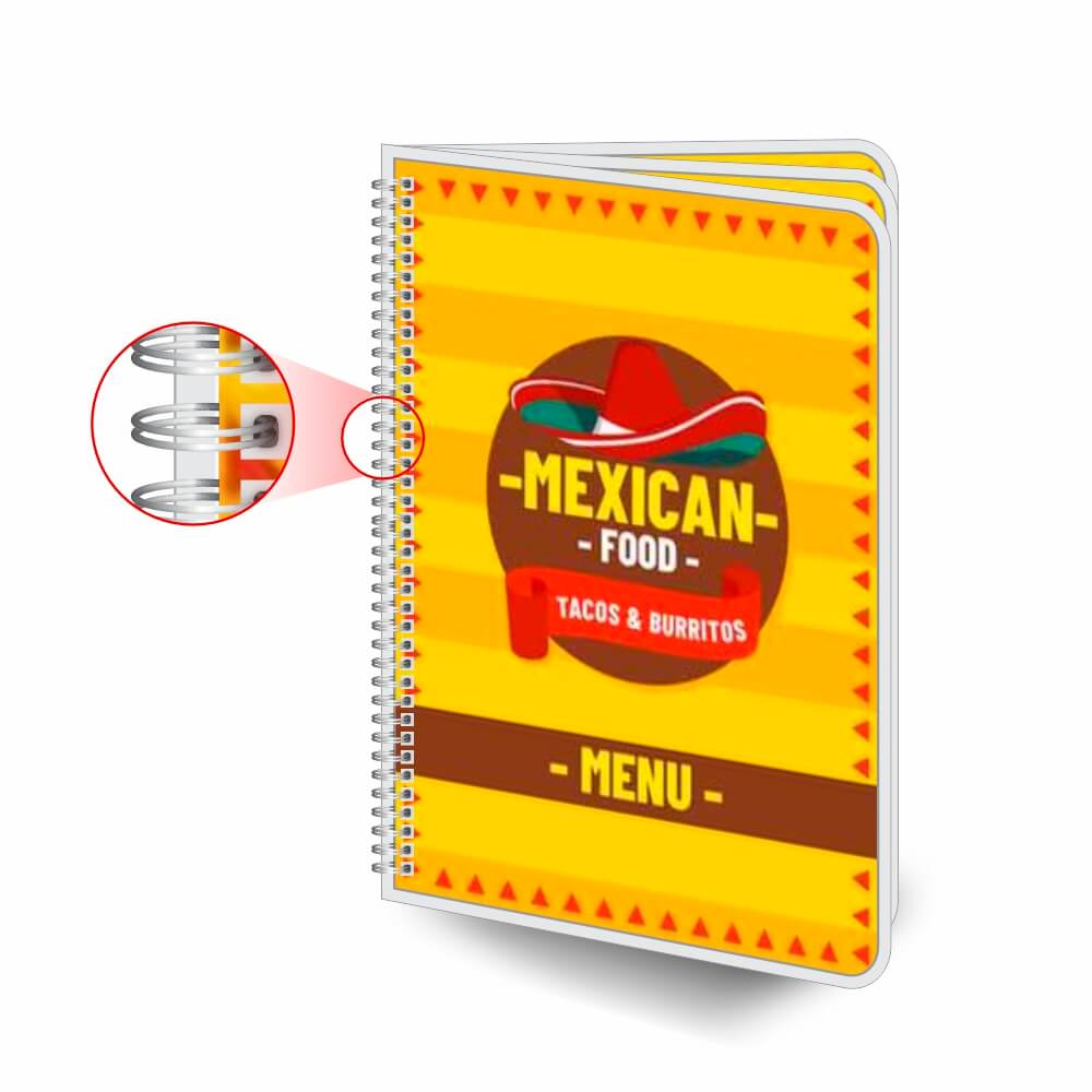 Cardápios Personalizados Wire O 6 Páginas Plastificação Rígida 0,10mm (300x420mm)