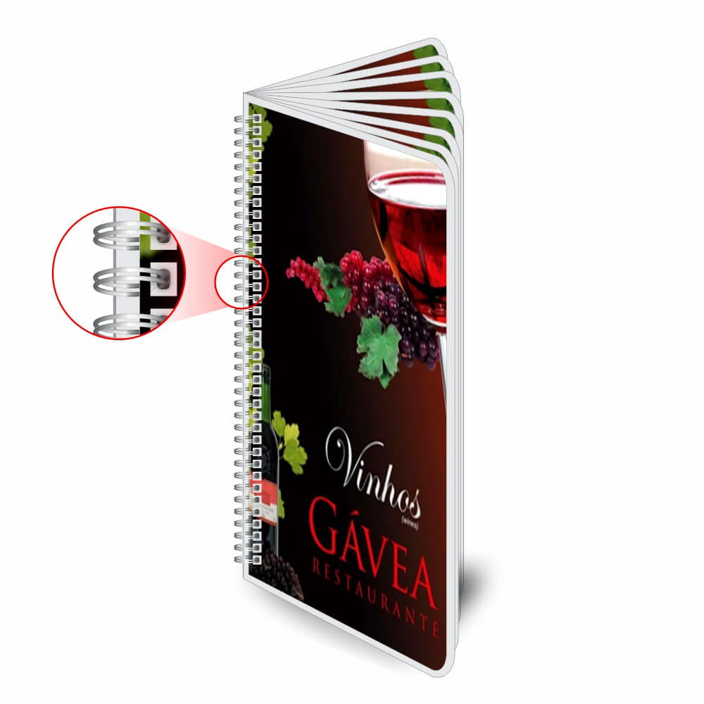 Cardápios Personalizados Wire O 16 Páginas Plastificação Rígida 0,10mm (105x300mm)