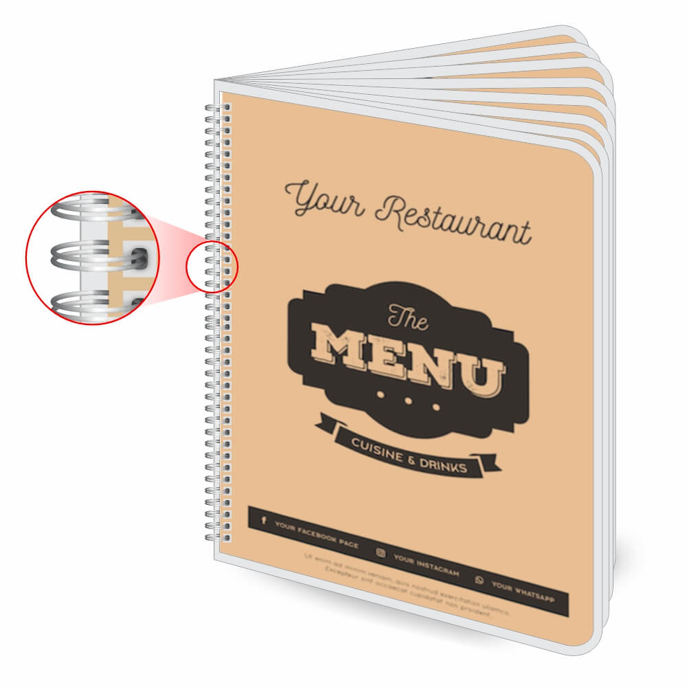 Cardápios Personalizados Wire O 16 Páginas Plastificação Rígida 0,10mm (210x300mm)