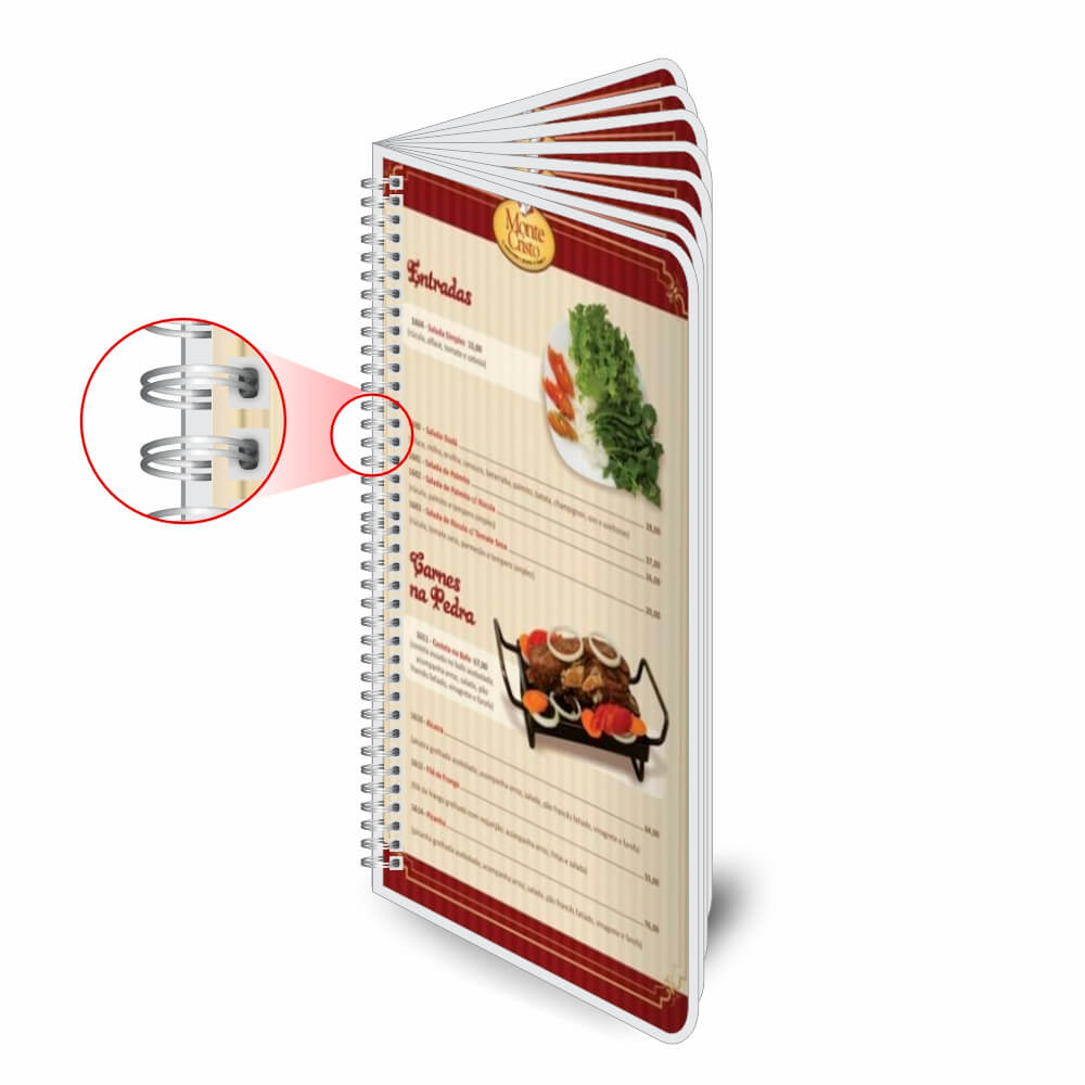 Cardápios Personalizados Wire O 16 Páginas Plastificação Rígida 0,10mm (105x300mm)