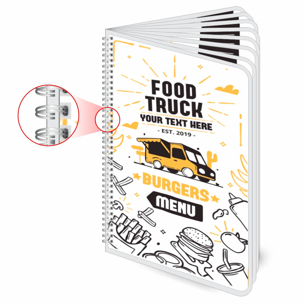 Cardápios Personalizados Wire O 16 Páginas Plastificação Rígida 0,10mm (150x210mm)