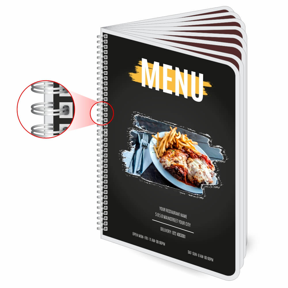 Cardápios Personalizados Wire O 16 Páginas Plastificação Rígida 0,10mm (150x210mm)