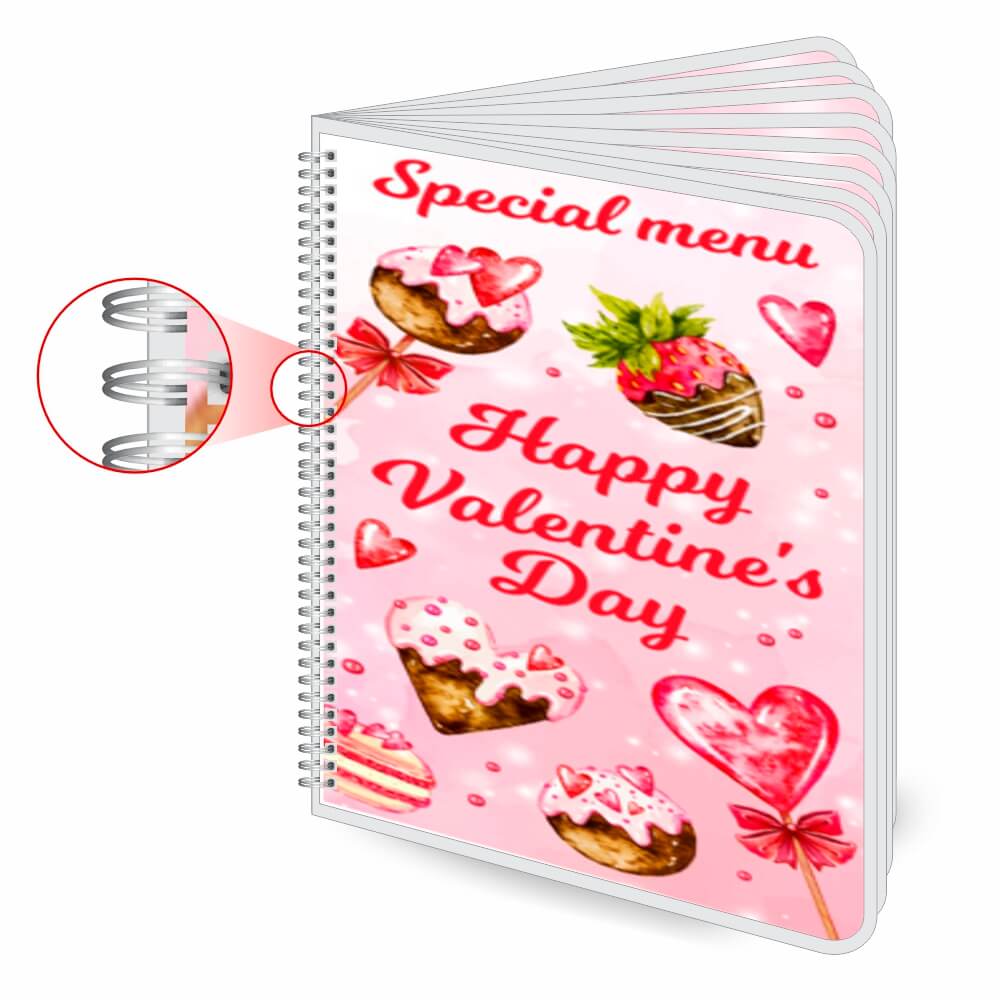 Cardápios Personalizados Wire O 16 Páginas Plastificação Rígida 0,10mm (210x300mm)