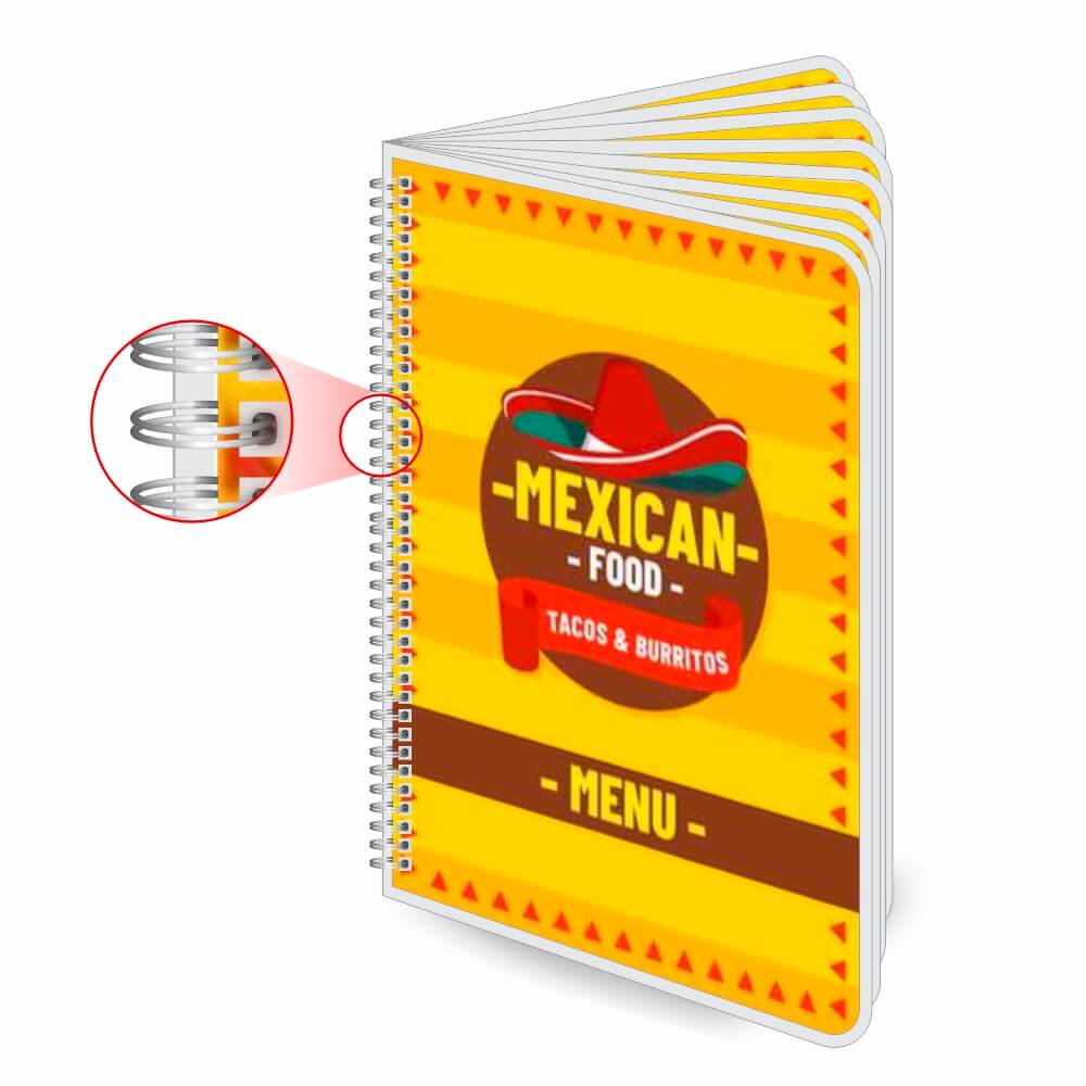 Cardápios Personalizados Wire O 16 Páginas Plastificação Rígida 0,10mm (300x420mm)