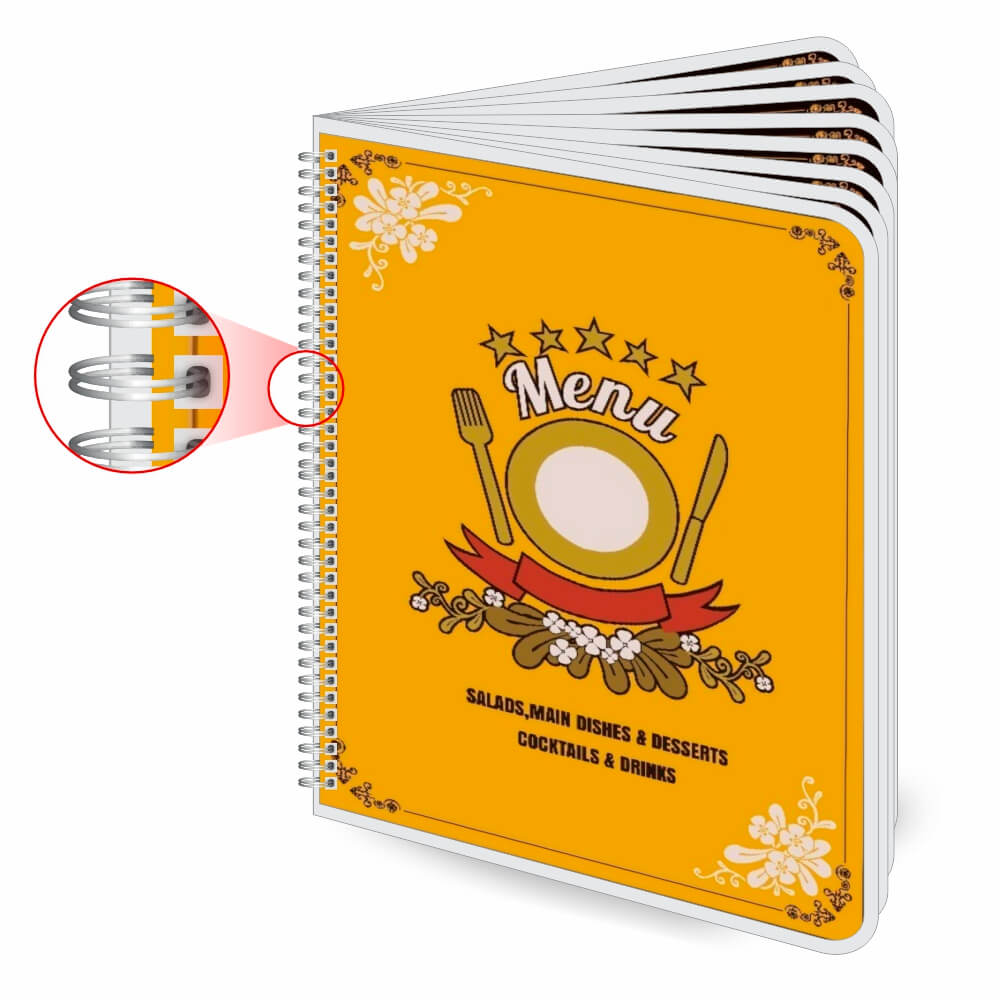 Cardápios Personalizados Wire O 16 Páginas Plastificação Rígida 0,10mm (210x300mm)