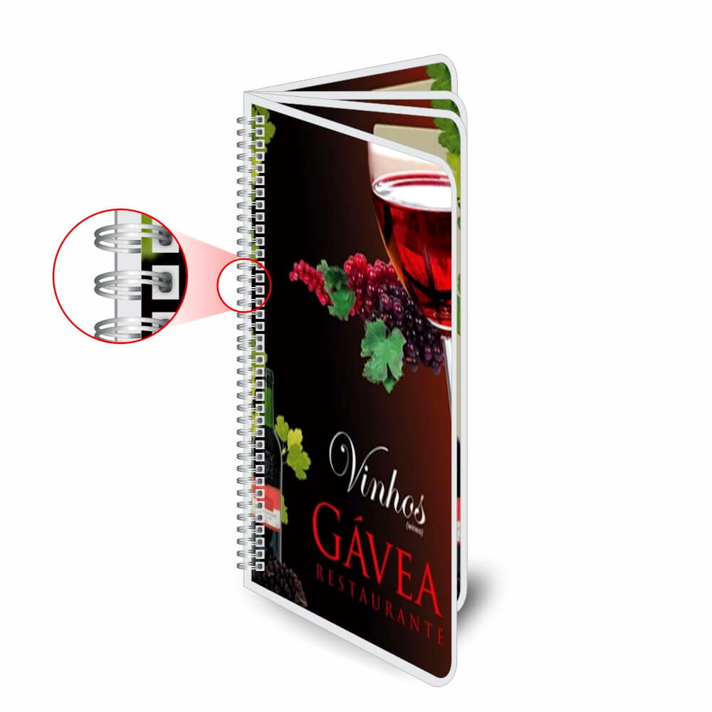 Cardápios Personalizados Wire O 8 Páginas Plastificação Rígida 0,10mm (105x300mm)