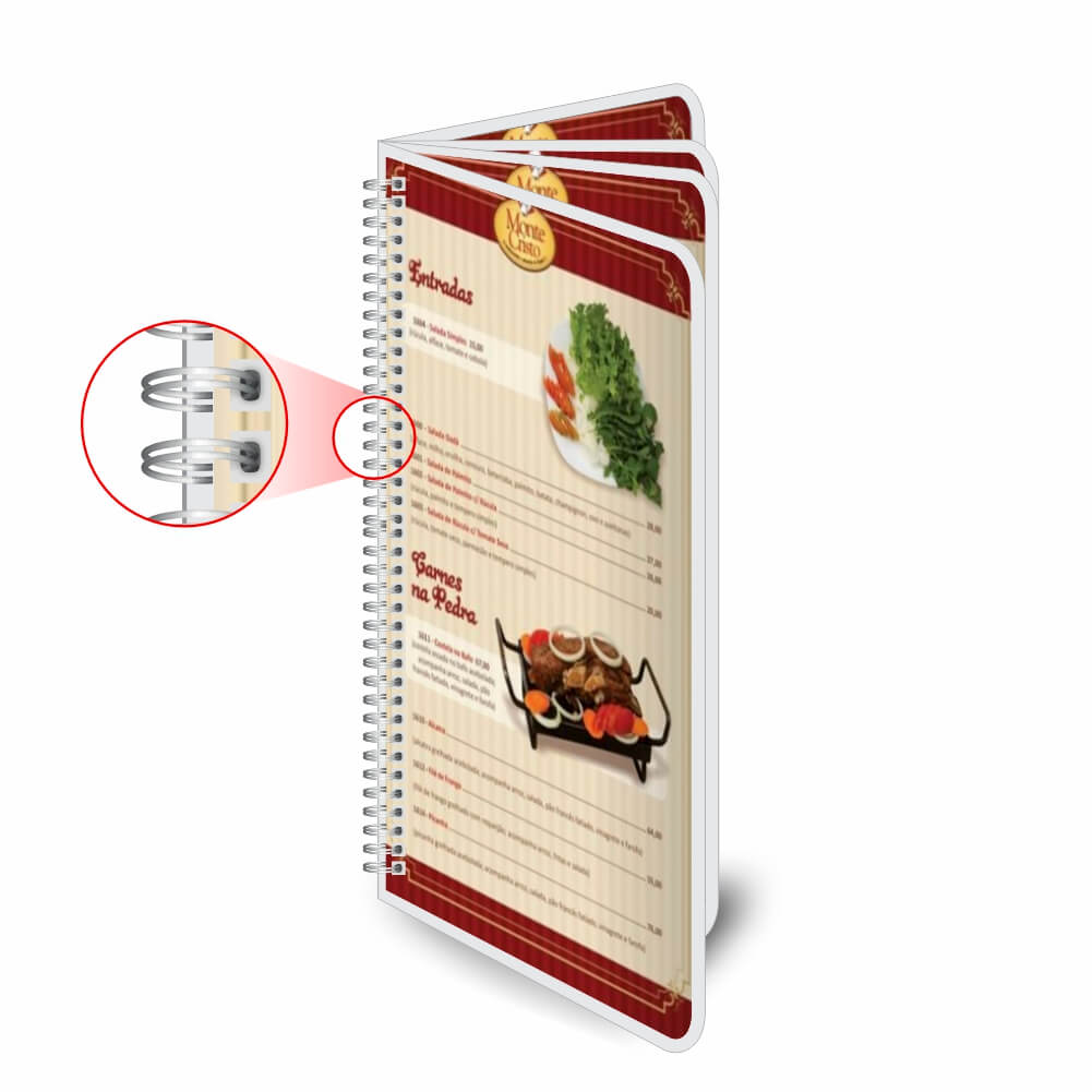 Cardápios Personalizados Wire O 8 Páginas Plastificação Rígida 0,10mm (105x300mm)