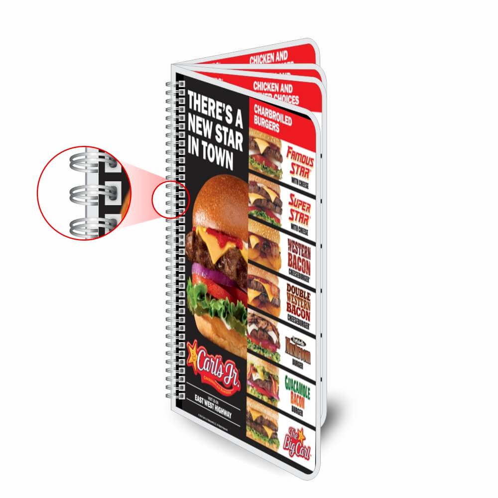 Cardápios Personalizados Wire O 8 Páginas Plastificação Rígida 0,10mm (105x300mm)