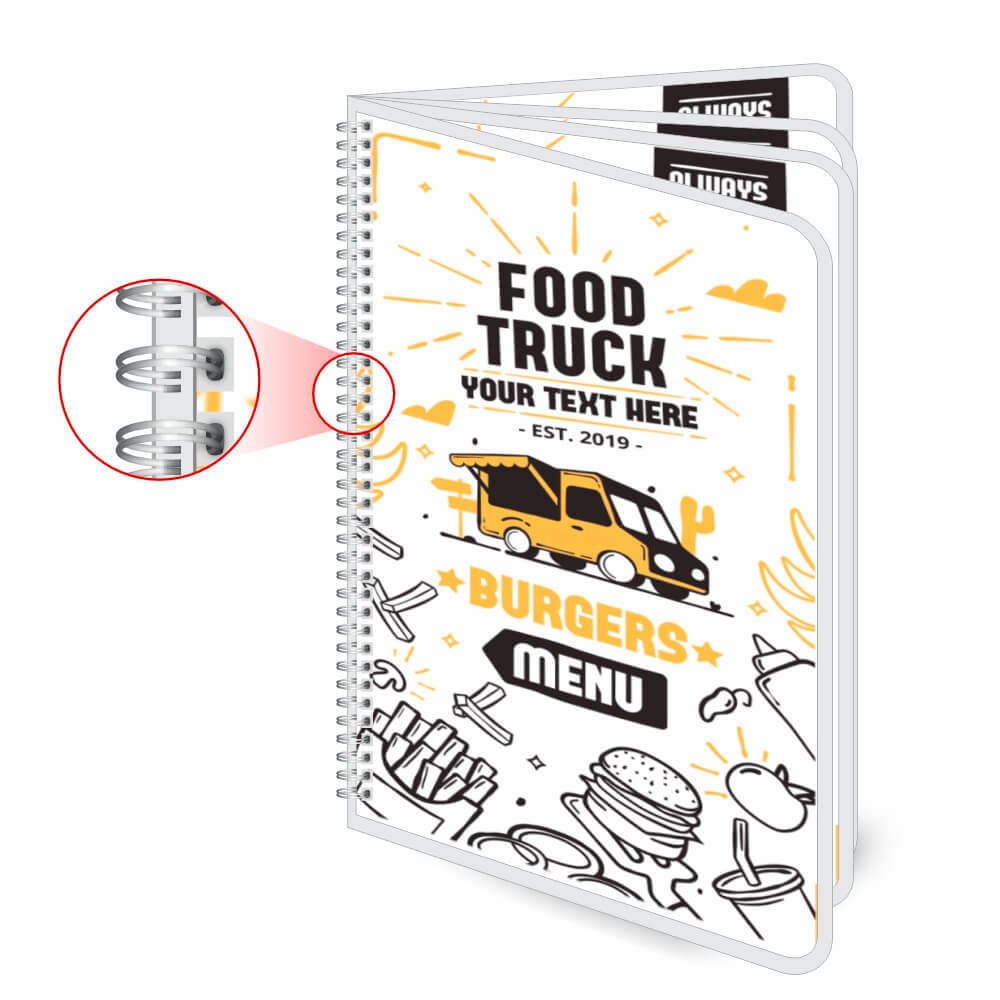 Cardápios Personalizados Wire O 8 Páginas Plastificação Rígida 0,10mm (150x210mm)