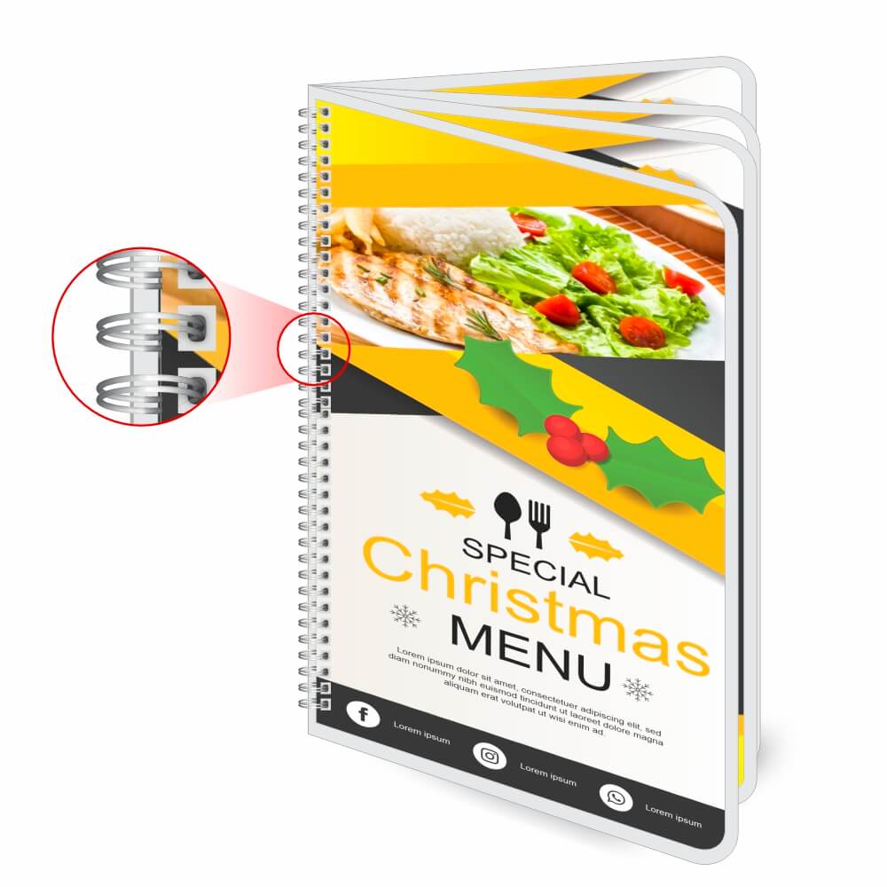 Cardápios Personalizados Wire O 8 Páginas Plastificação Rígida 0,10mm (150x210mm)