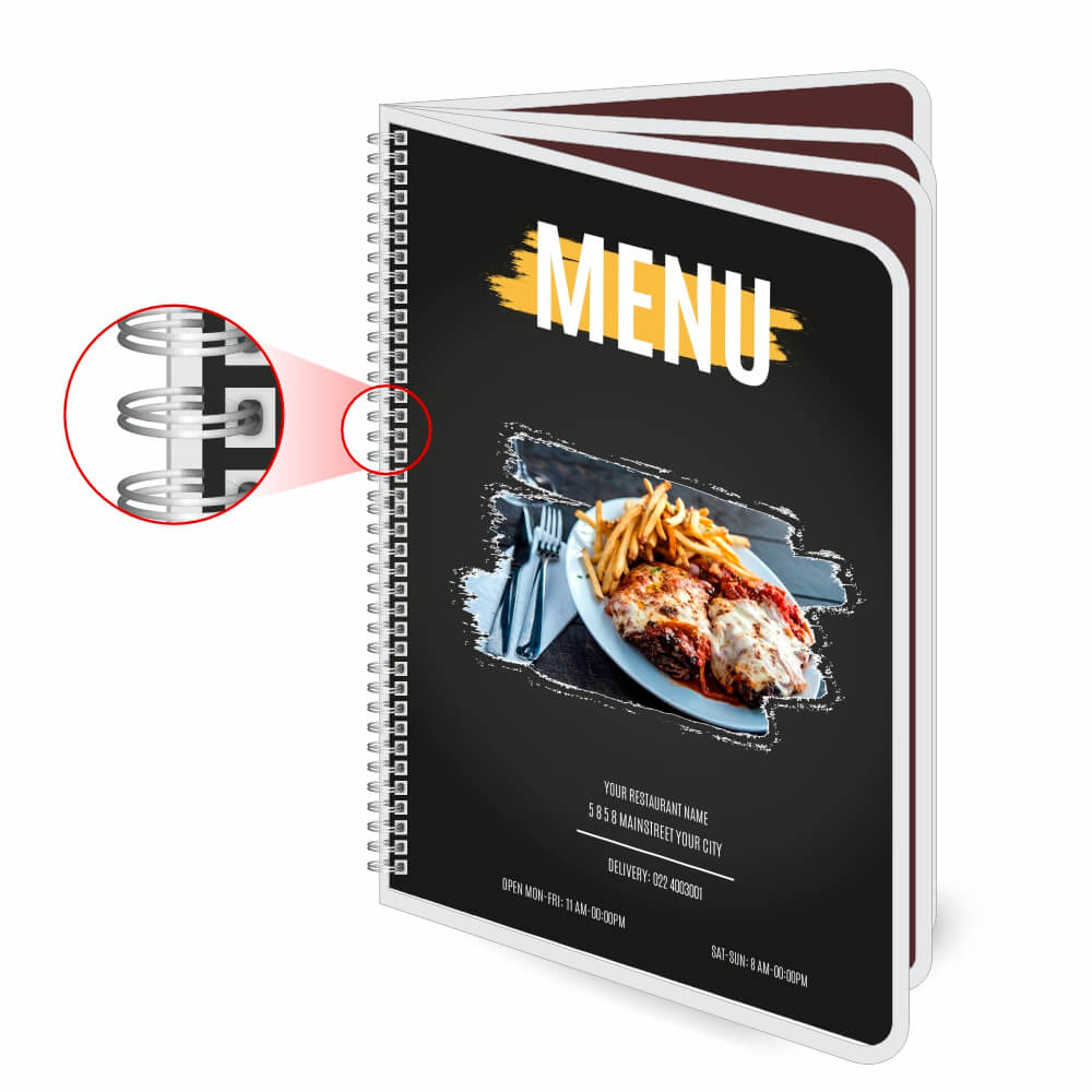 Cardápios Personalizados Wire O 8 Páginas Plastificação Rígida 0,10mm (150x210mm)