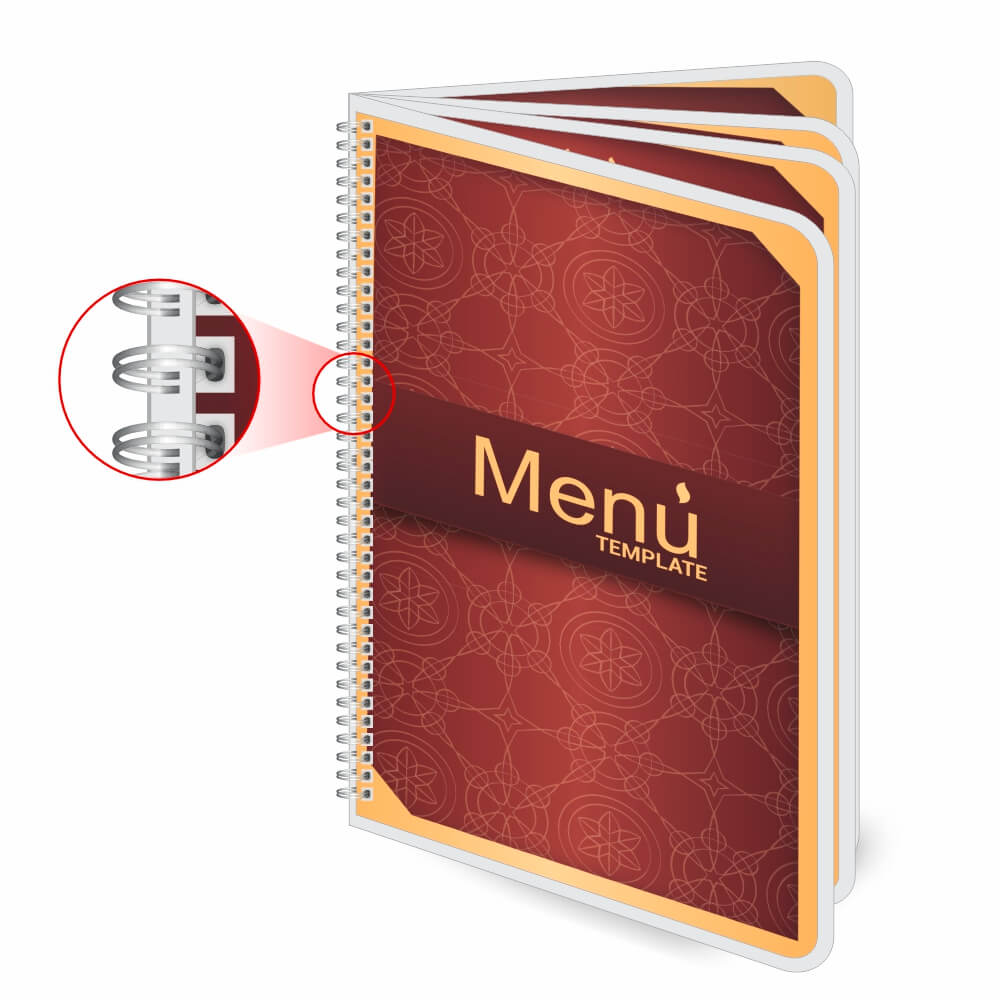 Cardápios Personalizados Wire O 8 Páginas Plastificação Rígida 0,10mm (150x210mm)