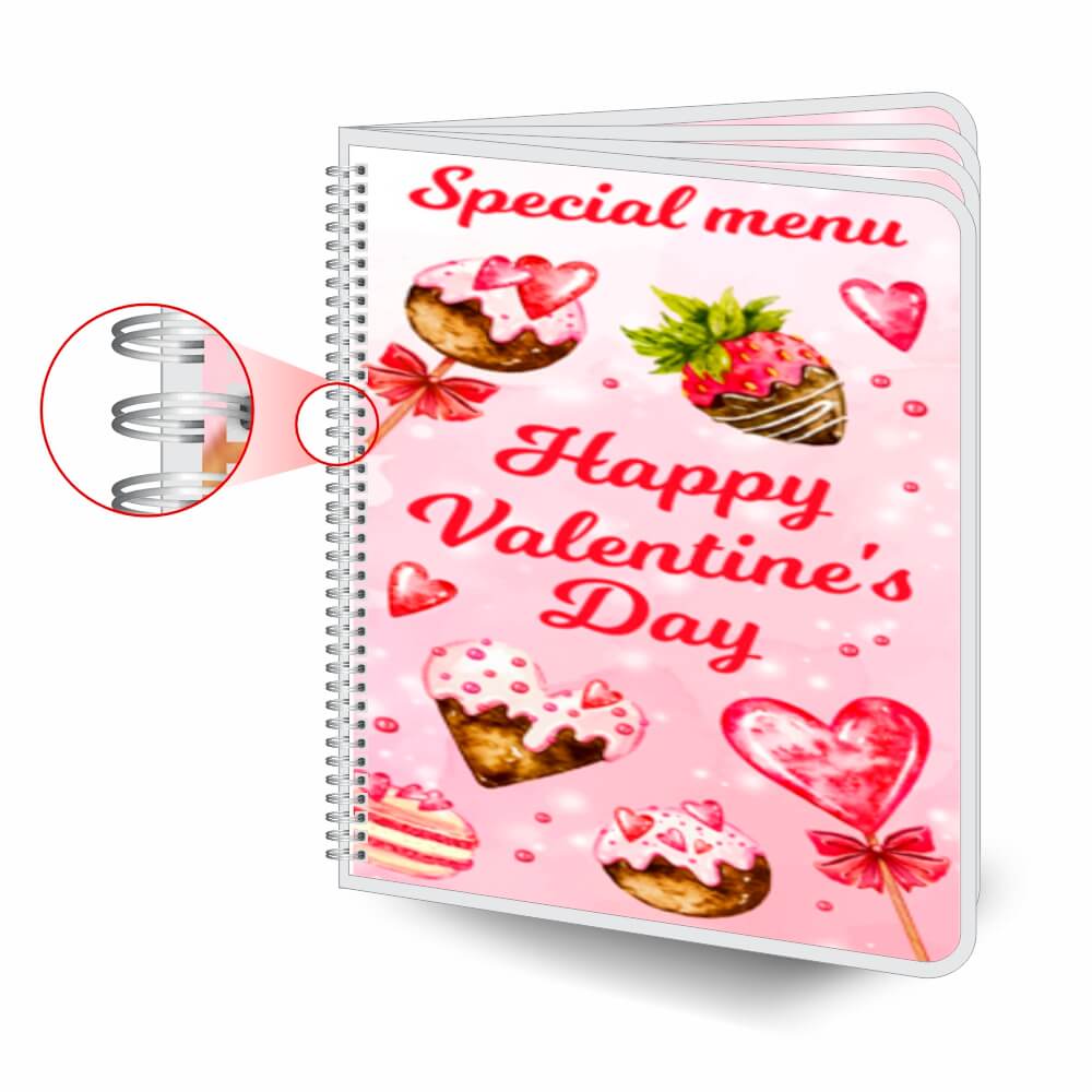 Cardápios Personalizados Wire O 8 Páginas Plastificação Rígida 0,10mm (210x300mm)