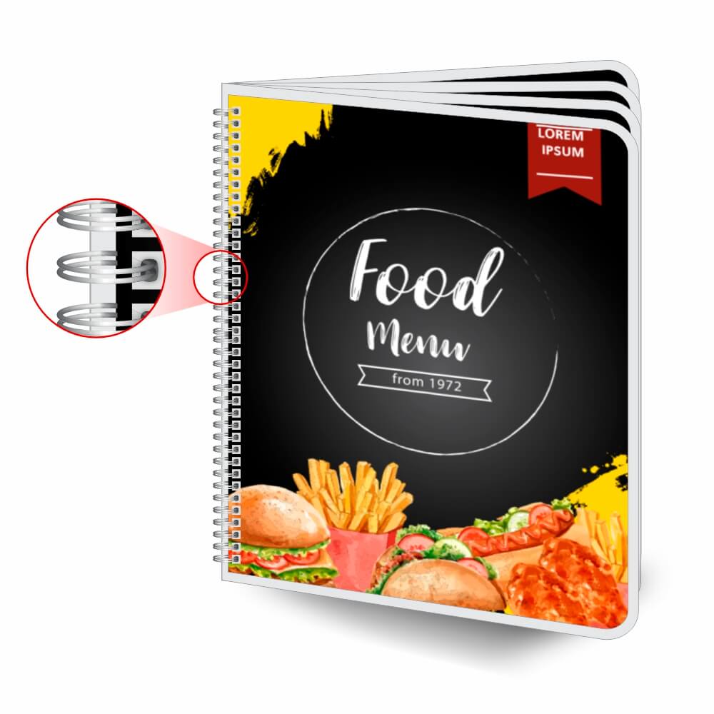 Cardápios Personalizados Wire O 8 Páginas Plastificação Rígida 0,10mm (210x300mm)