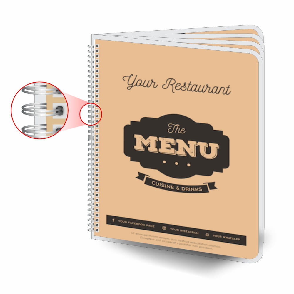 Cardápios Personalizados Wire O 8 Páginas Plastificação Rígida 0,10mm (210x300mm)