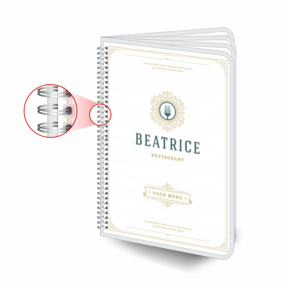 Cardápios Personalizados Wire O 8 Páginas Plastificação Rígida 0,10mm (300x420mm)