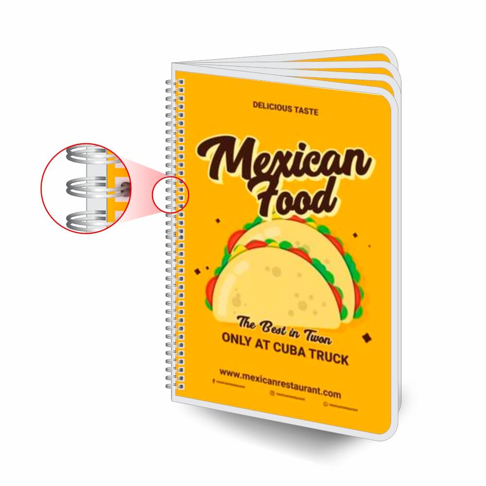 Cardápios Personalizados Wire O 8 Páginas Plastificação Rígida 0,10mm (300x420mm)