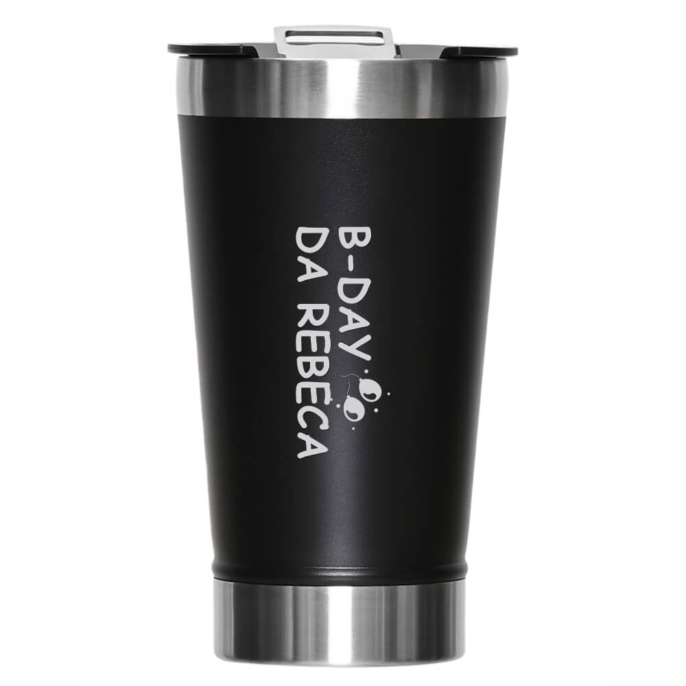 Copos Térmicos Modelo Com Abridor, Parede Dupla e Aço Gravação Frontal 470ml Preto