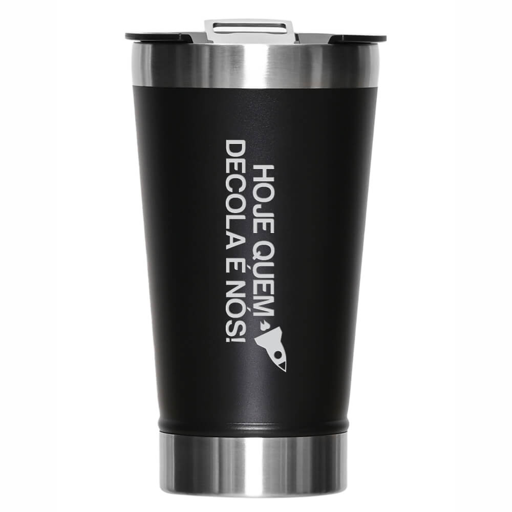 Copos Térmicos Modelo Com Abridor, Parede Dupla e Aço Gravação Frontal 470ml Preto