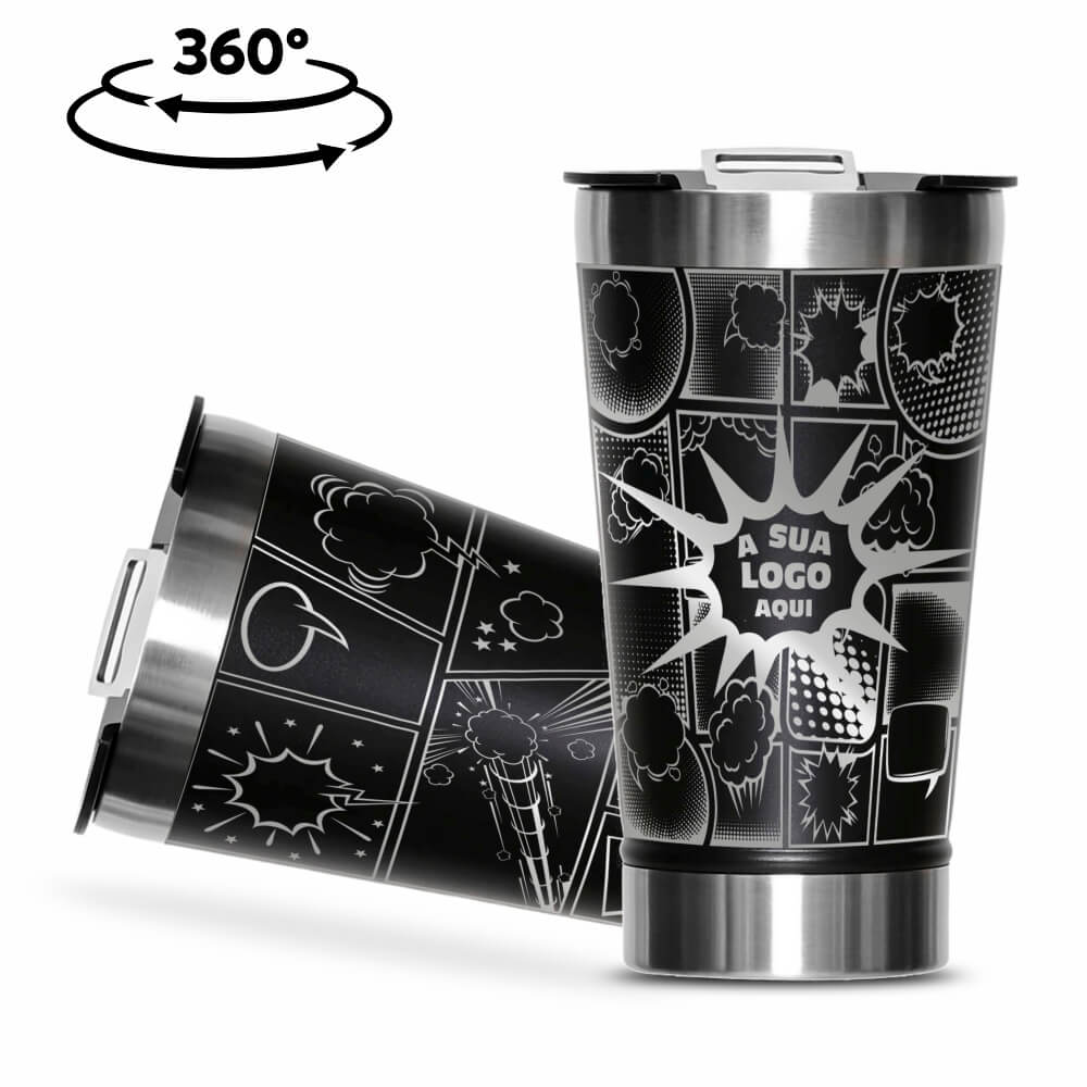 Copos Térmicos Modelo Com Abridor, Parede Dupla e Aço Gravação 360 470ml Preto