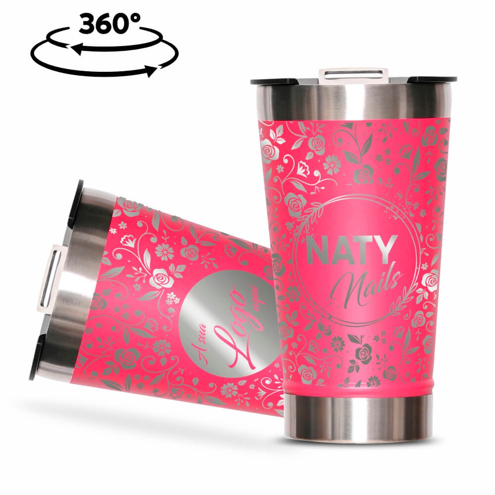 Copos Térmicos Modelo Com Abridor, Parede Dupla e Aço Gravação 360 470ml Rosa Pink