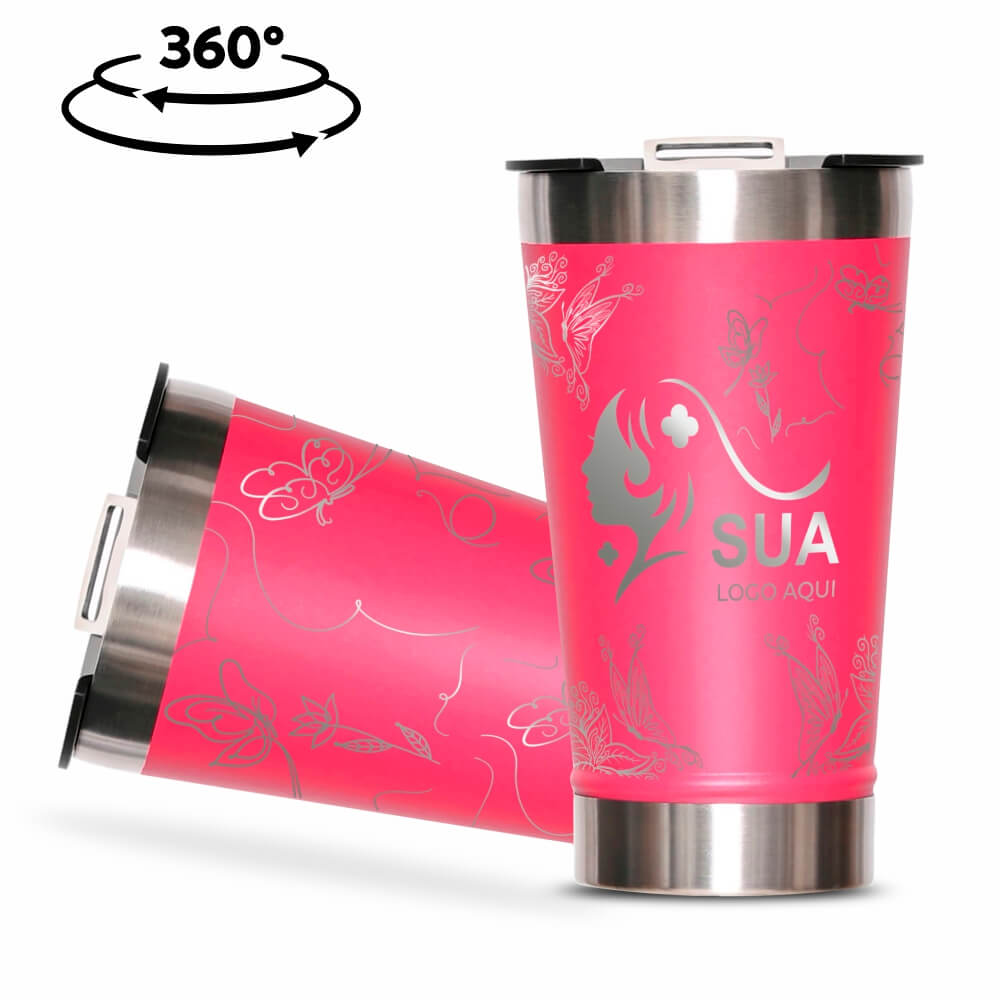 Copos Térmicos Modelo Com Abridor, Parede Dupla e Aço Gravação 360 470ml Rosa Pink