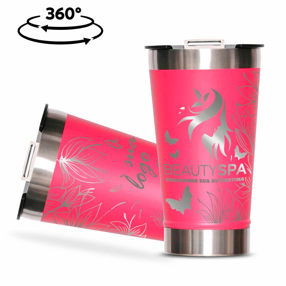Copos Térmicos Modelo Com Abridor, Parede Dupla e Aço Gravação 360 470ml Rosa Pink