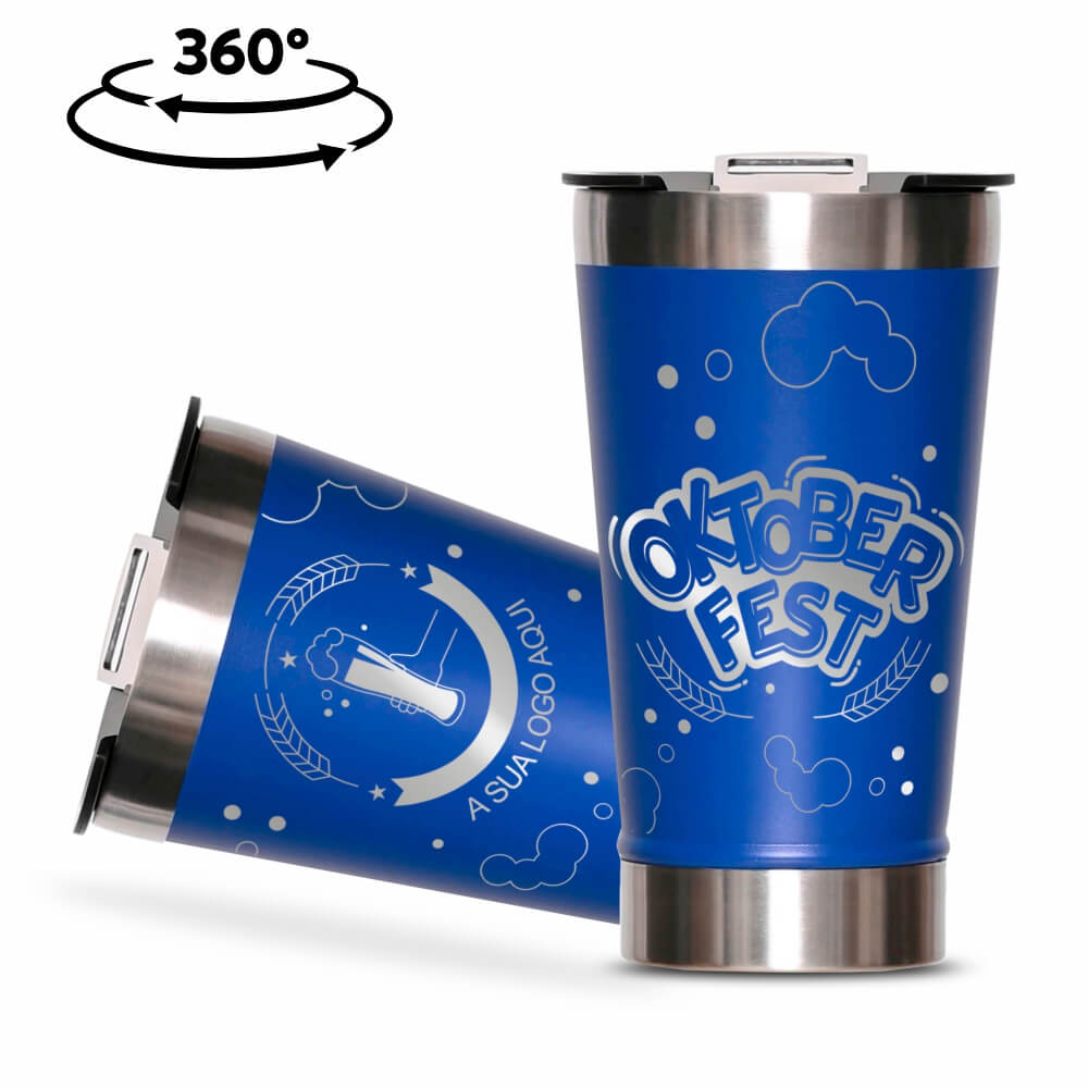 Copos Térmicos Modelo Com Abridor, Parede Dupla e Aço Gravação 360 470ml Azul